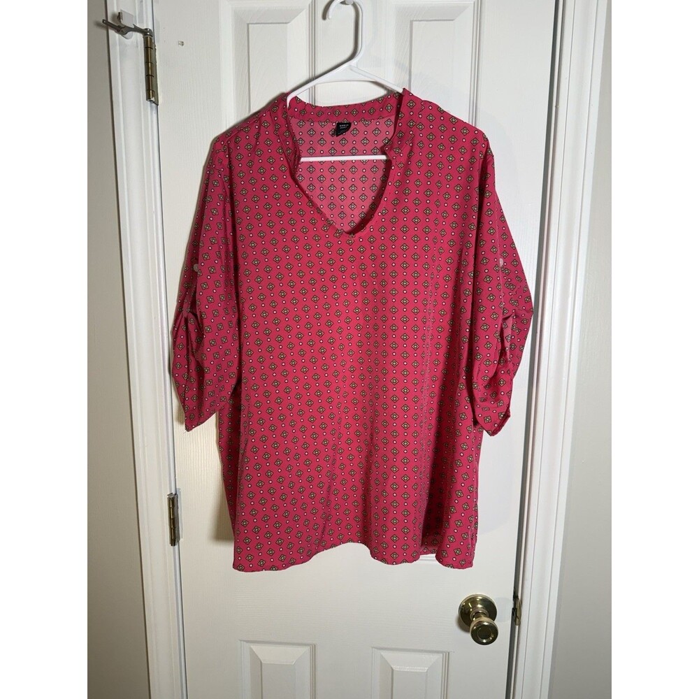 Shein Curve Pink Geometric Print V-Neck Roll Tab Sleeve Blouse Top Plus Size 2XL - Picture 7 of 9